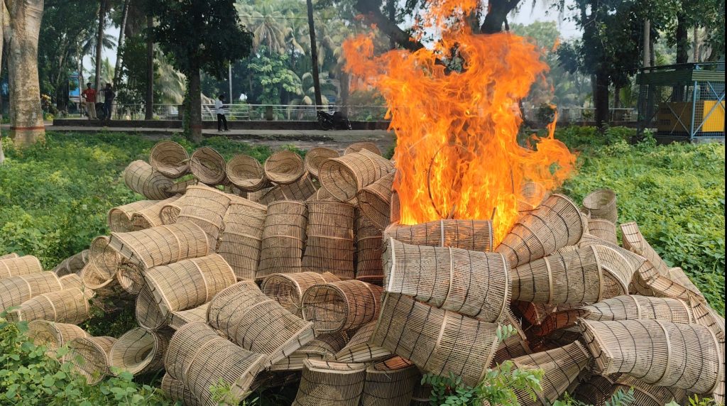মুকসুদপুরে অবৈধ মাছ ধরার ৩০০ পিস দোহার জব্দ, আগুনে ধ্বংস