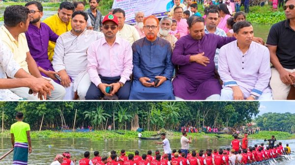 মুকসুদপুরের গেড়াখোলা কুমার নদীতে জমজমাট নৌকাবাইচ, হাজারো দর্শকের ঢল